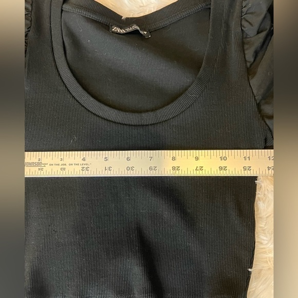 Zara Ribbed Puff Sleeve Crop Stretch Black Size Small - Picture 2 of 5